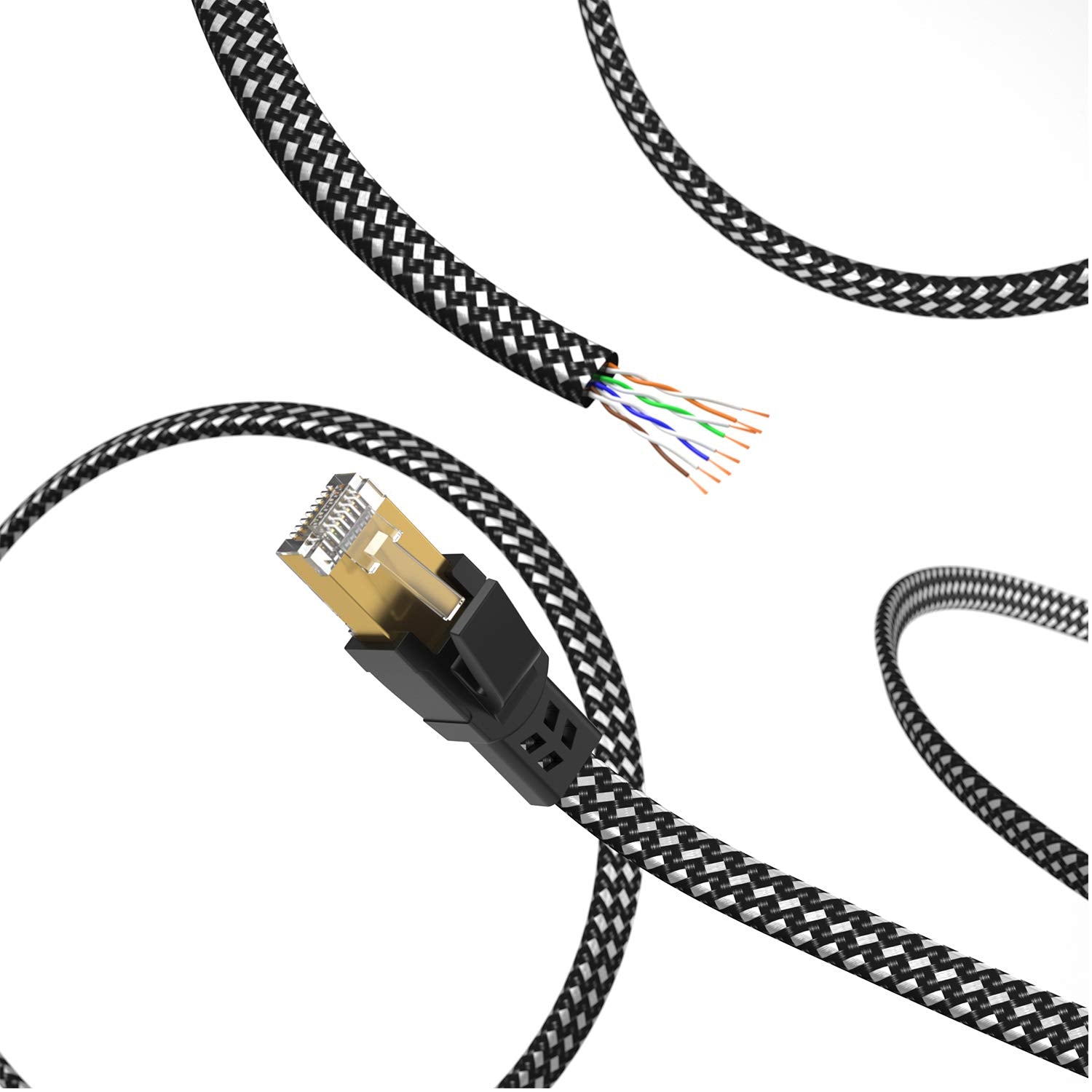 Cat 8 Ethernet Cable 15 Ft, Nylon Braided High Speed Heavy Duty Network LAN Patch Cord, 40Gbps 2000Mhz SFTP RJ45 Flat Internet Cable Shielded in Wall, Indoor&Outdoor for Modem/Router/Gaming/Pc